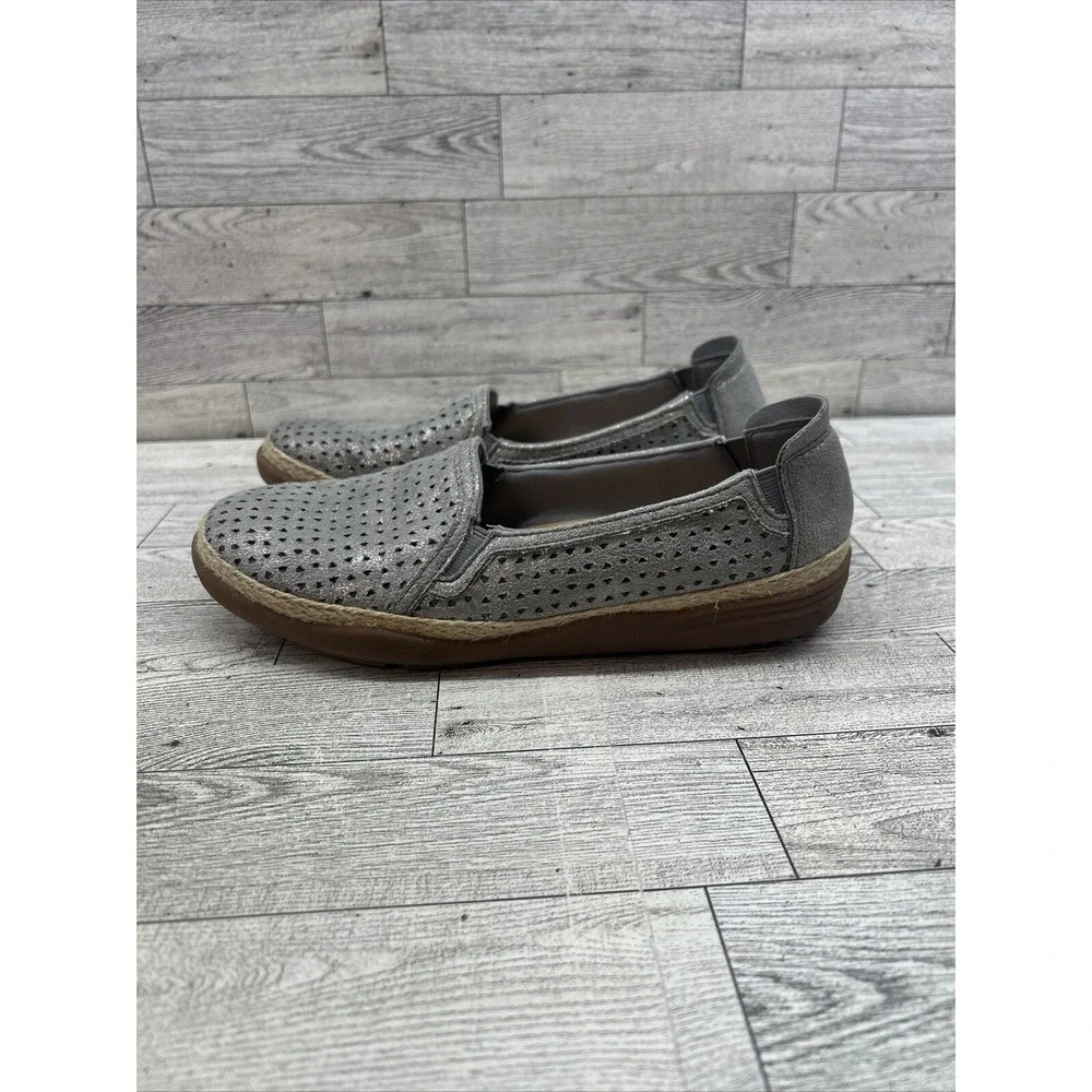 Women's Clarks Elaina Ruby Slip-On Leather Espadrille Shoes Silver Pewter Sz 6.5